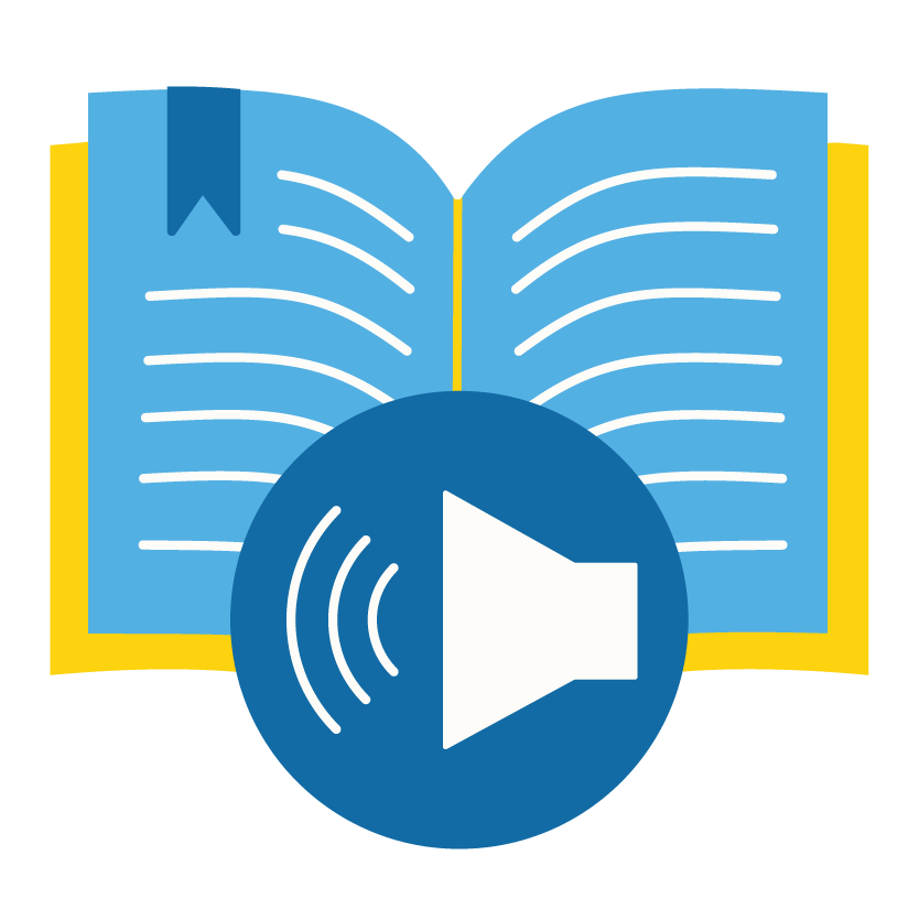 graphic of a book and audio symbol, representing assistive technology